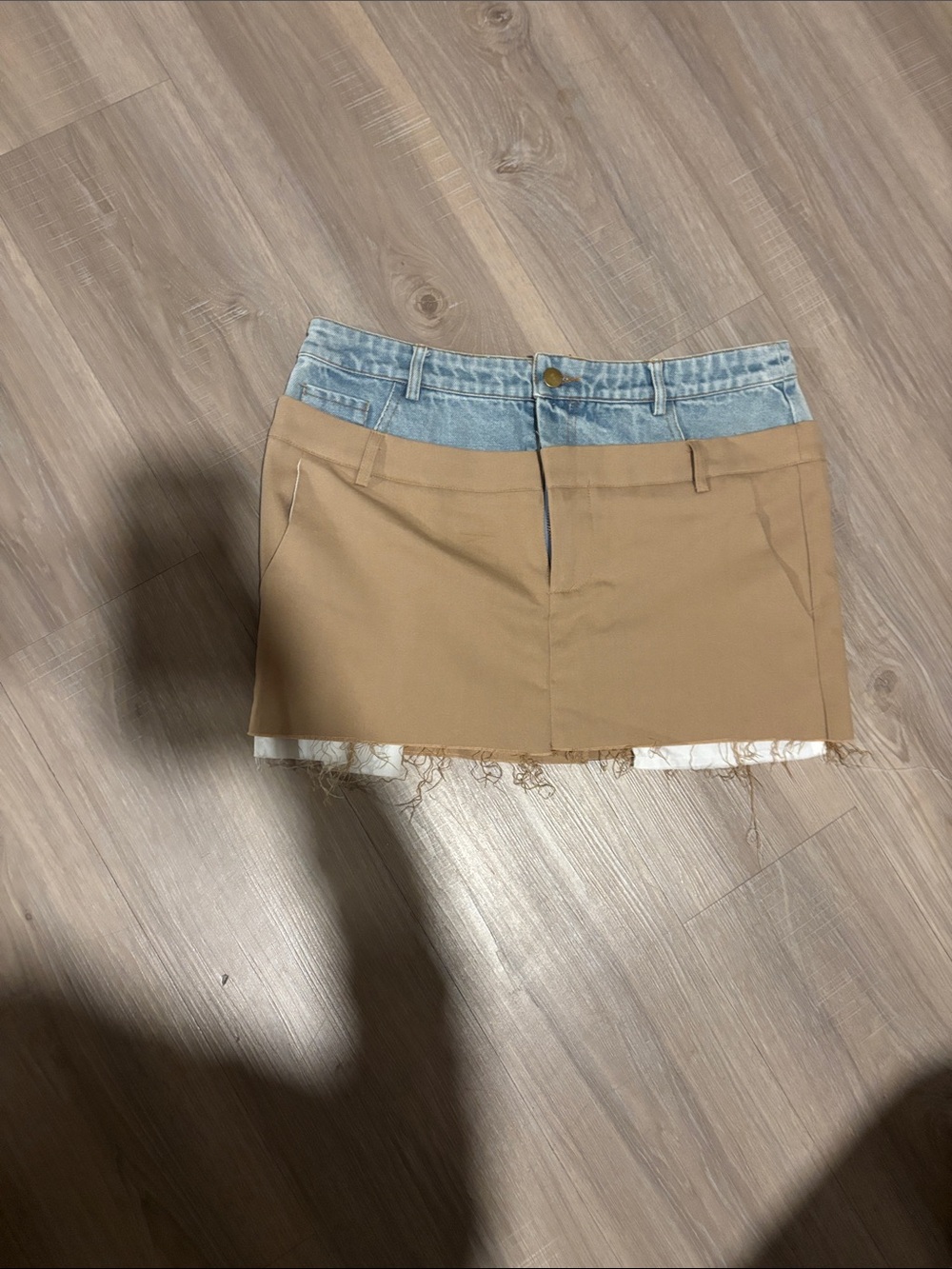 Two-Tone Denim-Trim Mini Skirt in Tan